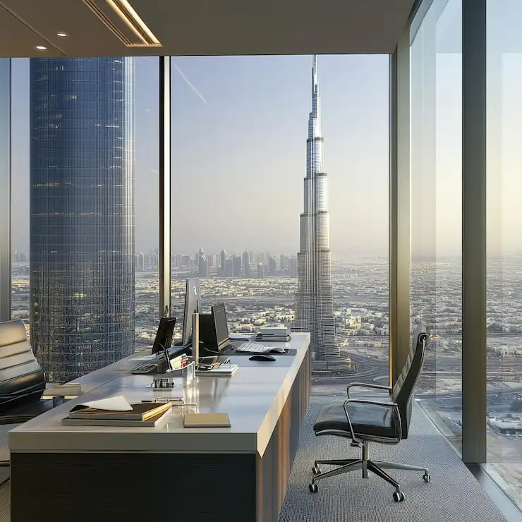 Modern Dubai office overlooking the Burj Khalifa